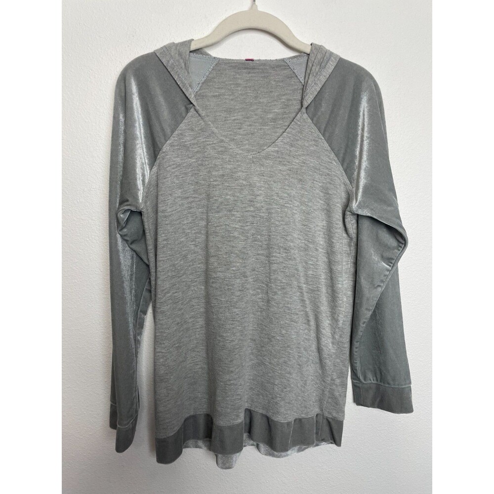 Vince Camuto Small Hooded Sweater Gray Velvet Long Sleeve V-Neck Pullover